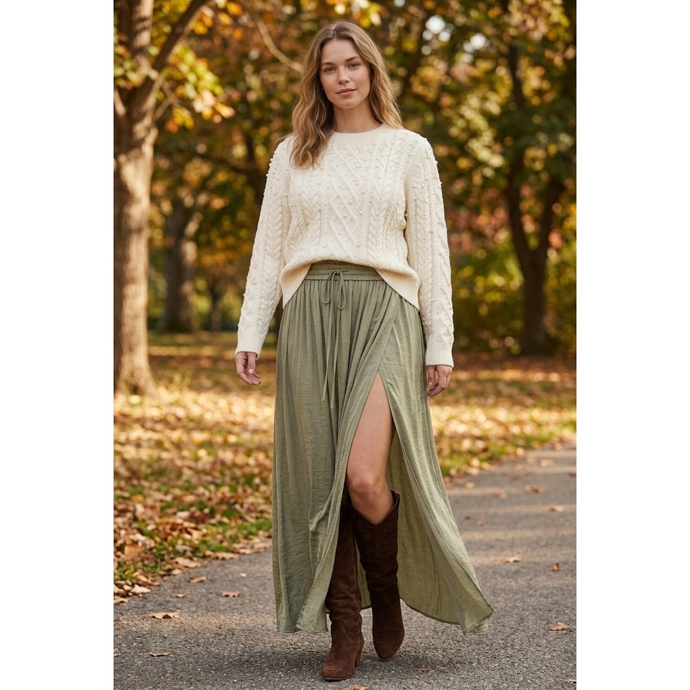 Hem & Thread Satin Maxi Skirt Size Medium Sage Green Thigh High Slit Boho Chic